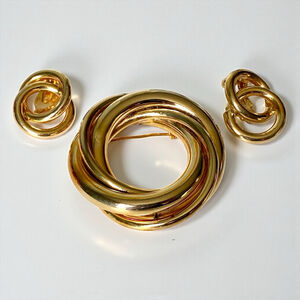 Vintage Napier Goldtone Knot Intertwined Circle Brooch & Earring Set